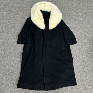 Bernhard Altmann Cashmere Coat Womens L Black Faux Fur Collar Vintage Swing B4